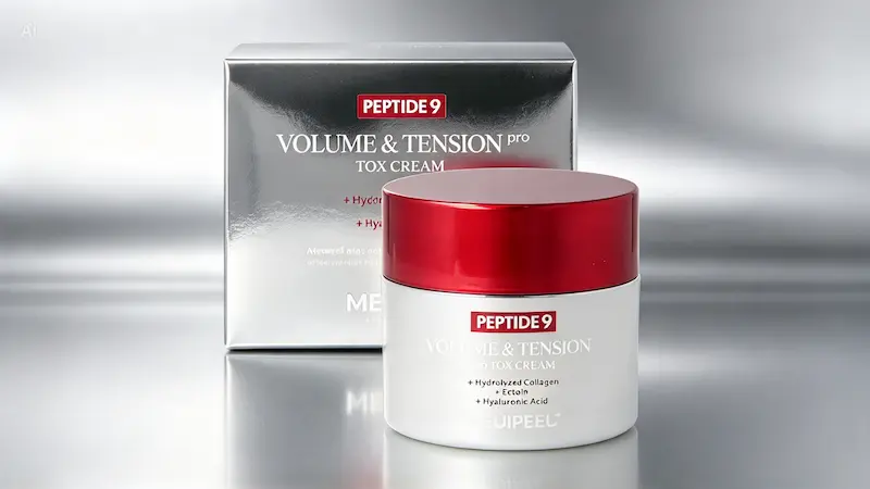 Crema MEDIPEEL Peptide 9 Volume and Tension Tox Cream Pro și ambalajul acesteia